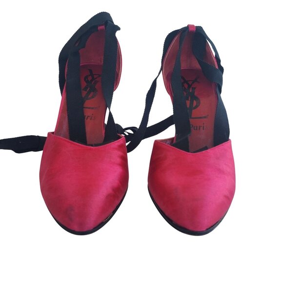 Vintage YSL Paris Silk Pumps 80s Yves San Laurent Strappy Heels 5 1/2 M - Picture 7 of 15